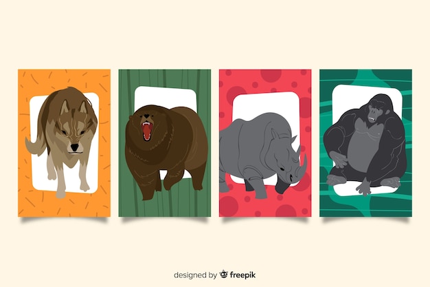 Bezpłatny wektor ręcznie rysowane kolekcja kart dzikich zwierząt