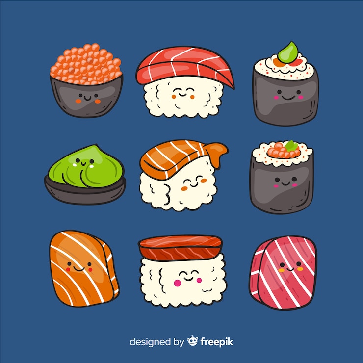 Bezpłatny plik Wektor ręcznie rysowane kolekcja kawaii sushi