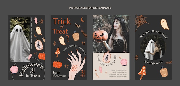 Ręcznie rysowane kolekcja opowiadań halloweenowych na instagramie