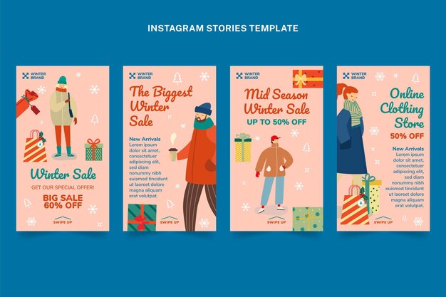 Ręcznie rysowane kolekcja płaskich zimowych opowieści na Instagramie