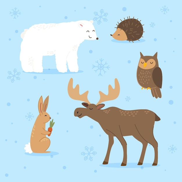 Bezpłatny wektor ręcznie rysowane kolekcja płaskich zwierząt zimowych