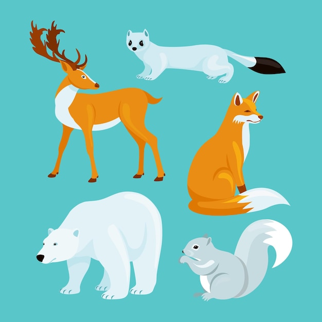 Bezpłatny wektor ręcznie rysowane kolekcja płaskich zwierząt zimowych