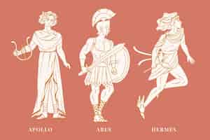 Bezpłatny wektor ręcznie rysowane kolekcja postaci z mitologii greckiej o płaskiej konstrukcji