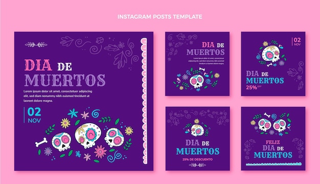 Ręcznie Rysowane Kolekcja Postów Dia De Muertos Na Instagramie