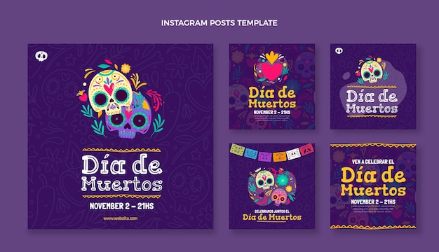Ręcznie rysowane kolekcja postów dia de muertos na instagramie
