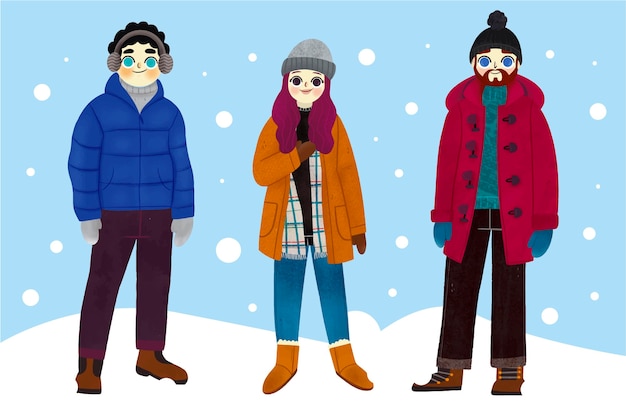 Bezpłatny wektor ręcznie rysowane kolekcja zimowych ludzi