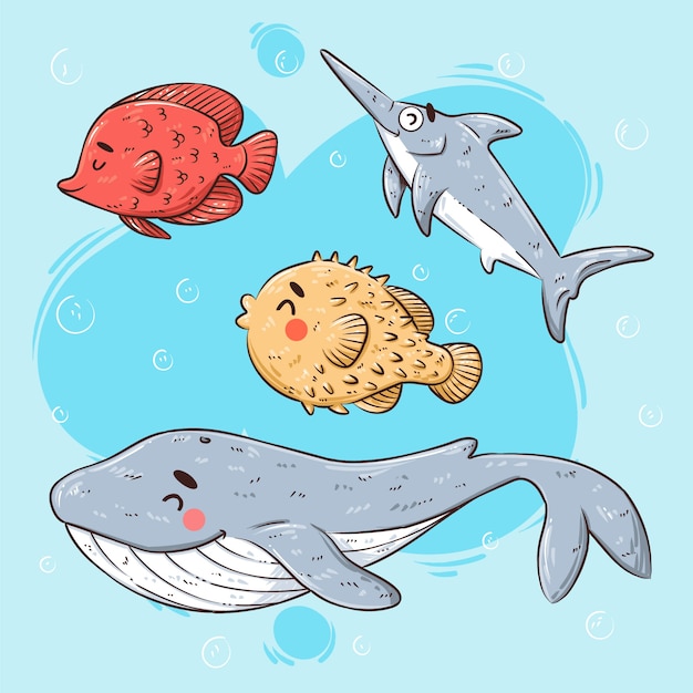 Bezpłatny wektor ręcznie rysowane kolekcja zwierząt morskich