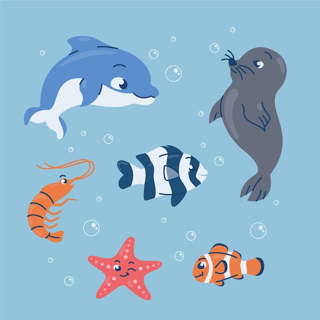 Bezpłatny wektor ręcznie rysowane kolekcja zwierząt morskich