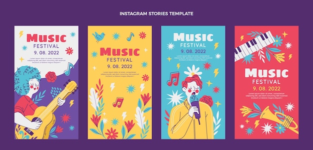 Bezpłatny wektor ręcznie rysowane kolorowe historie z festiwalu muzycznego na instagramie