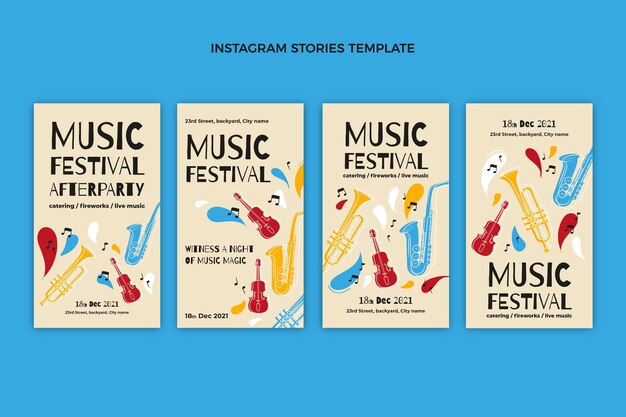Bezpłatny wektor ręcznie rysowane kolorowe historie z festiwalu muzycznego na instagramie
