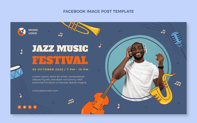 Ręcznie rysowane kolorowy post na Facebooku z festiwalu muzycznego