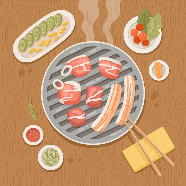 Ręcznie Rysowane Koreański Grill Ilustracja