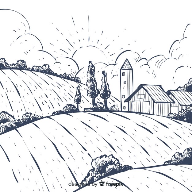 Ręcznie rysowane krajobraz gospodarstwa