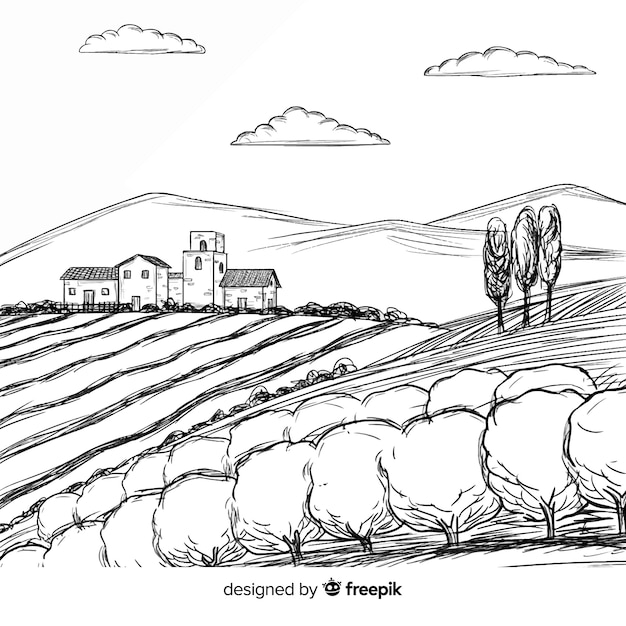 Ręcznie rysowane krajobraz gospodarstwa