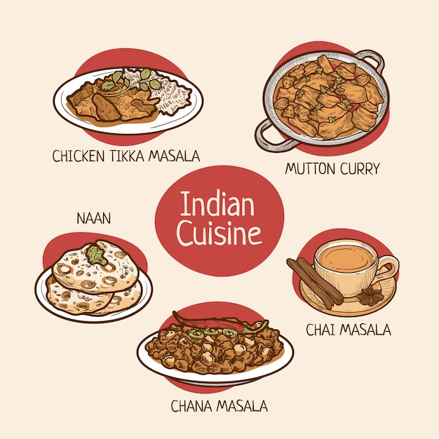 Bezpłatny wektor ręcznie rysowane kuchnia indyjska