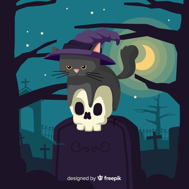 Ręcznie rysowane ładny halloween czarny kot siedzi na nagrobku