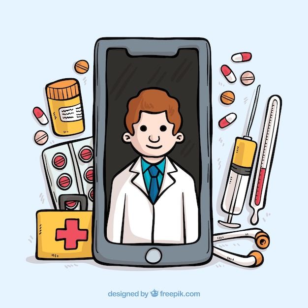 Bezpłatny wektor ręcznie rysowane lekarz online projekt z smartphone