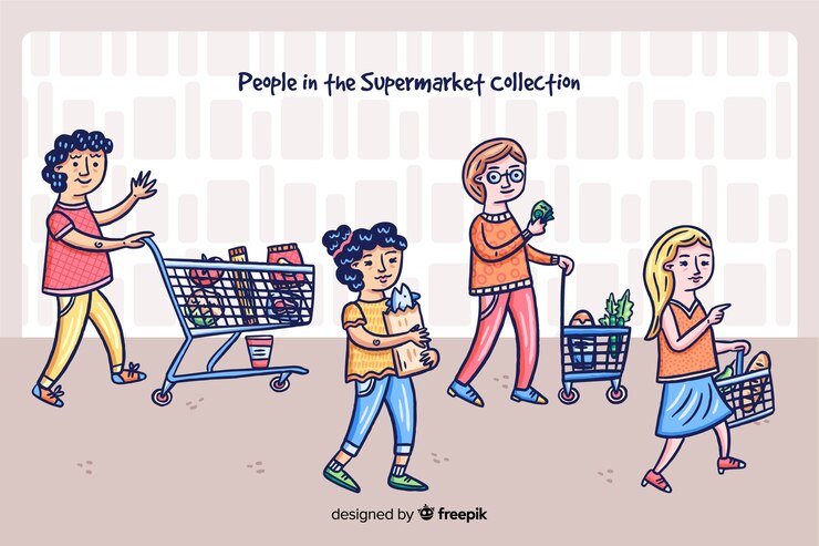 Bezpłatny plik Wektor ręcznie rysowane ludzi kupujących w tle supermarketu
