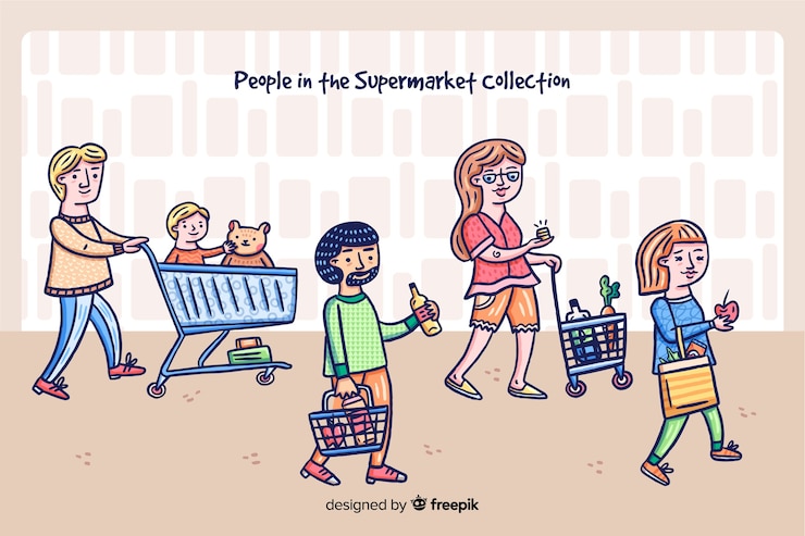 Bezpłatny plik Wektor ręcznie rysowane ludzi kupujących w tle supermarketu