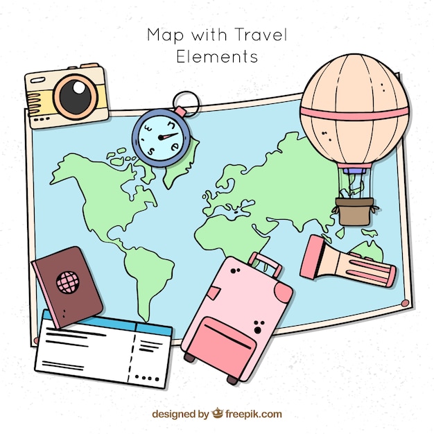 Bezpłatny wektor ręcznie rysowane mapę z elementami podróży