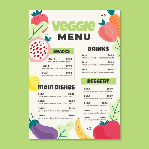 Ręcznie rysowane menu wegetariańskie