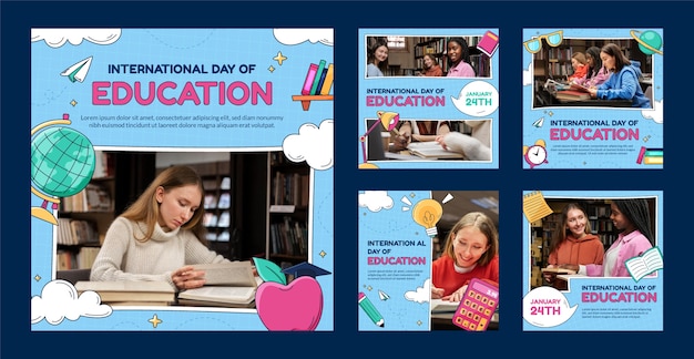 Bezpłatny wektor ręcznie rysowane międzynarodowy dzień edukacji kolekcja postów na instagramie