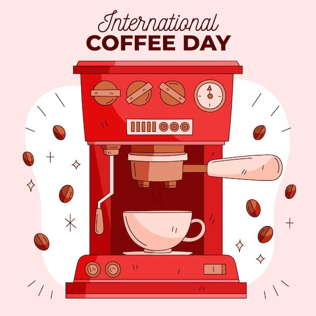 Bezpłatny wektor ręcznie rysowane międzynarodowy dzień kawy z ekspresem do kawy