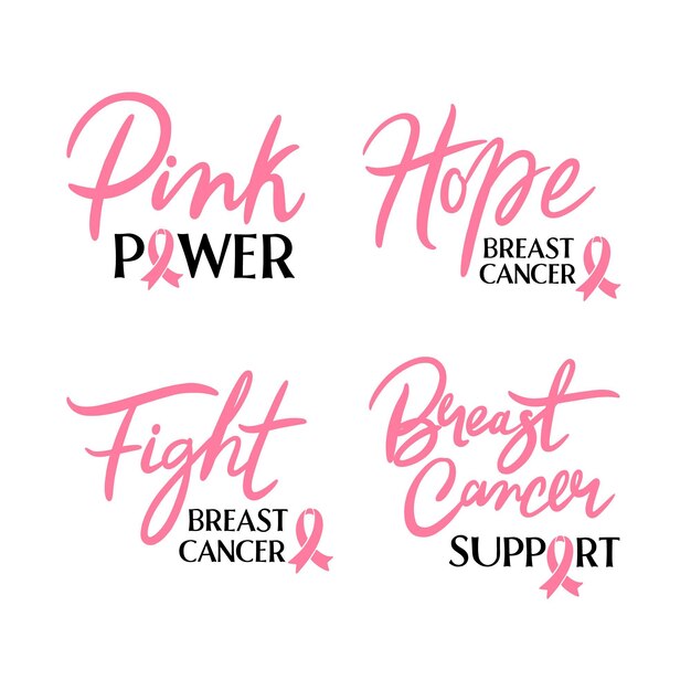 Ręcznie rysowane międzynarodowy dzień przeciwko kolekcji etykiet z napisem raka piersi
