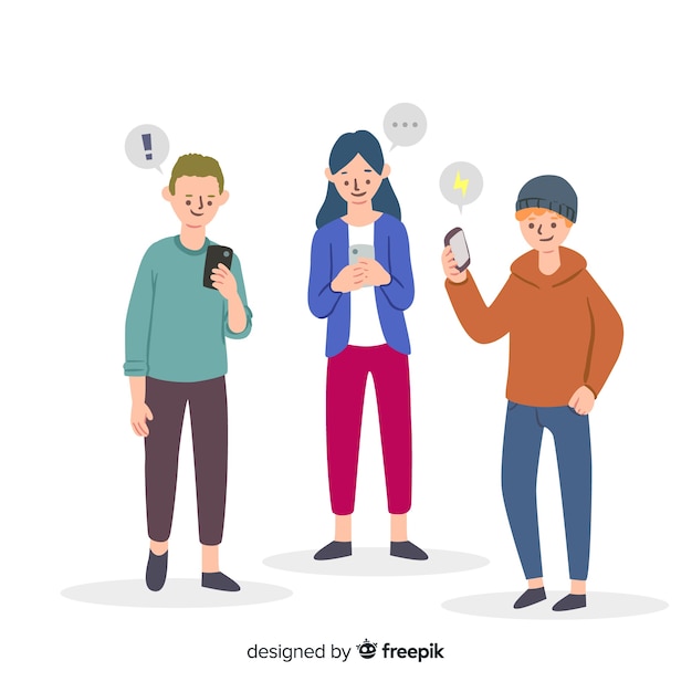 Ręcznie rysowane młodych ludzi posiadających smartfony