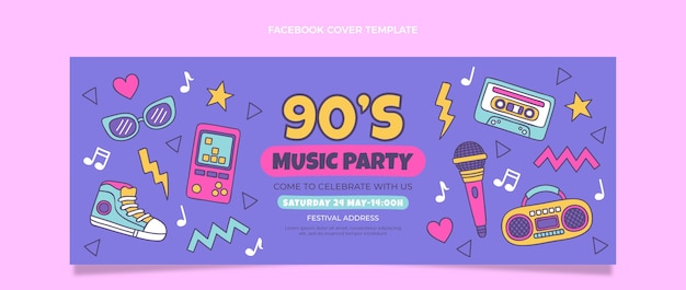Bezpłatny wektor ręcznie rysowane okładka festiwalu muzycznego z lat 90. na facebooku