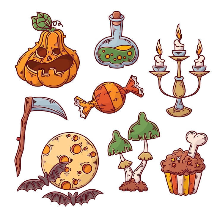 Bezpłatny plik Wektor ręcznie rysowane pakiet elementów halloween