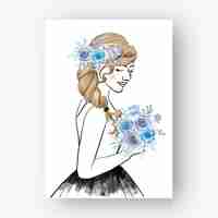 Bezpłatny wektor ręcznie rysowane panna młoda z bukietem kwiatów niebieski akwarela ilustracja