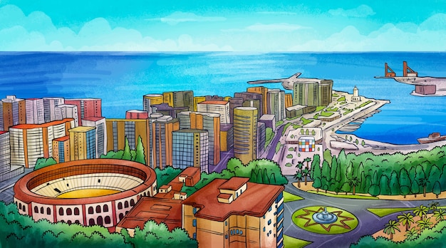 Bezpłatny wektor ręcznie rysowane panoramę malagi