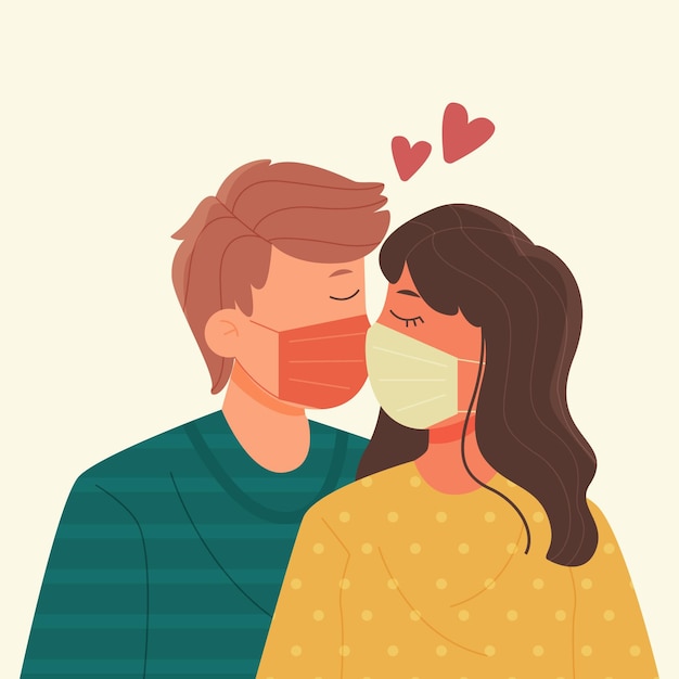 Bezpłatny wektor ręcznie rysowane pary całujące się z ilustracją maski covid