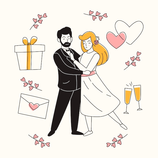 Bezpłatny wektor ręcznie rysowane pary ślubne z prezentem i serca