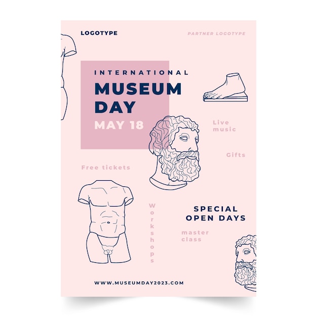 Bezpłatny wektor ręcznie rysowane pionowy szablon plakatu na międzynarodowy dzień muzeów