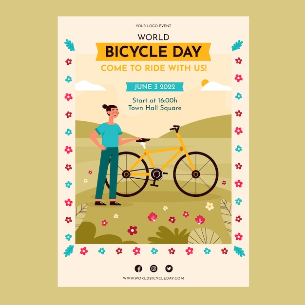 Bezpłatny wektor ręcznie rysowane plakat światowego dnia rowerowego