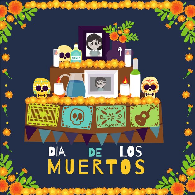 Ręcznie rysowane płaska ilustracja ołtarza rodzinnego dia de muertos