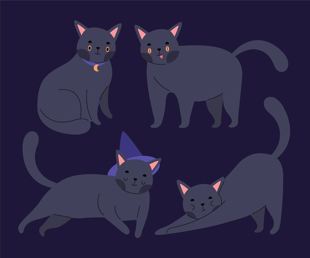 Bezpłatny wektor ręcznie rysowane płaska kolekcja czarnych kotów halloween