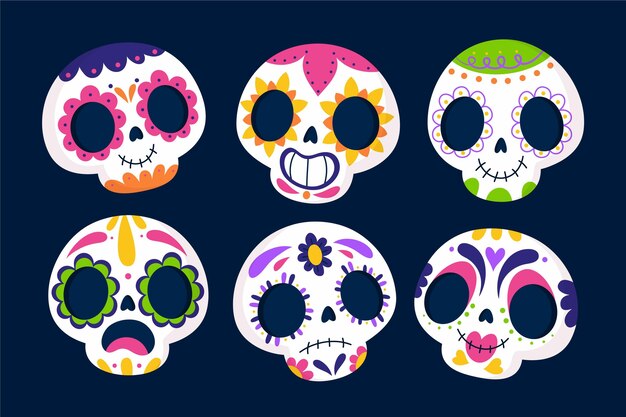 Ręcznie rysowane płaska kolekcja czaszek dia de muertos