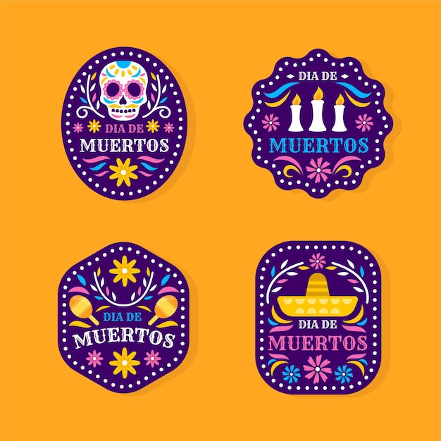 Ręcznie Rysowane Płaska Kolekcja Odznak Dia De Muertos