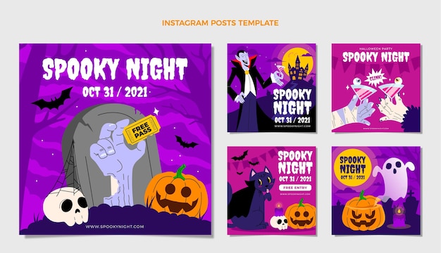 Ręcznie rysowane płaska kolekcja postów na instagramie halloween