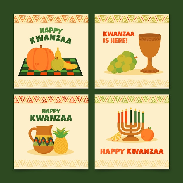 Bezpłatny wektor ręcznie rysowane płaska kolekcja postów na instagramie kwanzaa