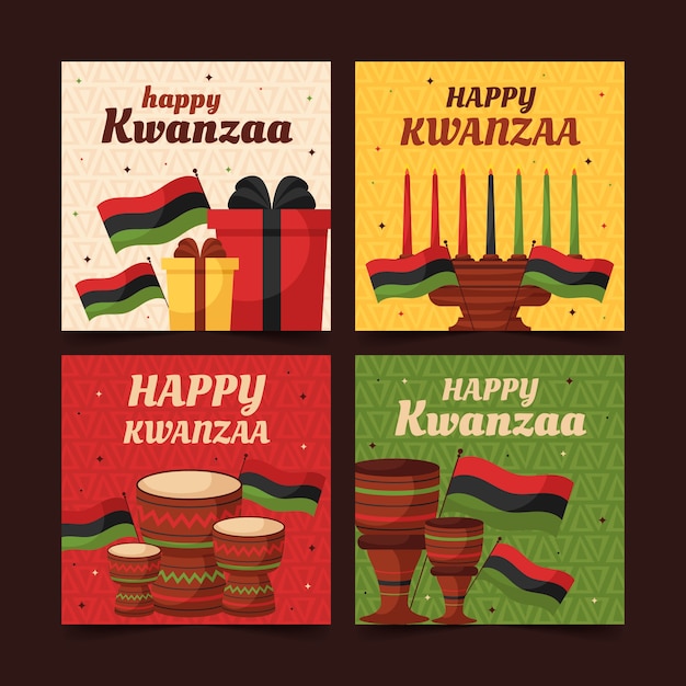 Bezpłatny wektor ręcznie rysowane płaska kolekcja postów na instagramie kwanzaa