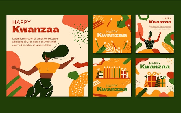 Ręcznie rysowane płaska kolekcja postów na Instagramie kwanzaa