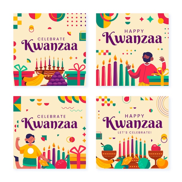 Ręcznie Rysowane Płaska Kolekcja Postów Na Instagramie Kwanzaa