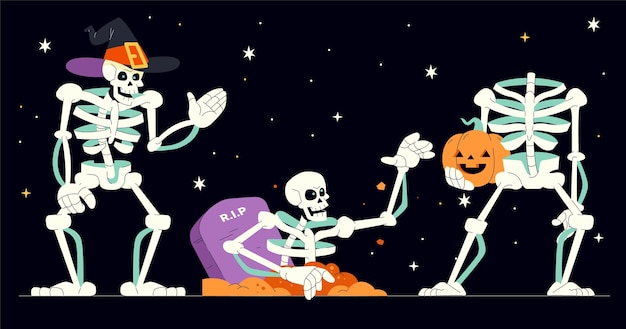 Ręcznie Rysowane Płaska Kolekcja Szkieletów Halloween