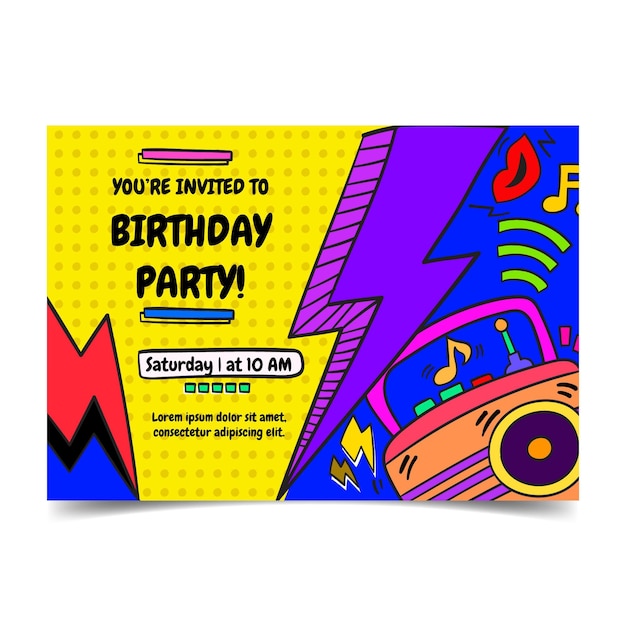 Bezpłatny wektor ręcznie rysowane płaski nostalgiczny szablon zaproszenia na urodziny z lat 90.