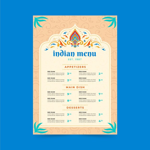 Ręcznie rysowane płaski projekt indyjskiego szablonu menu