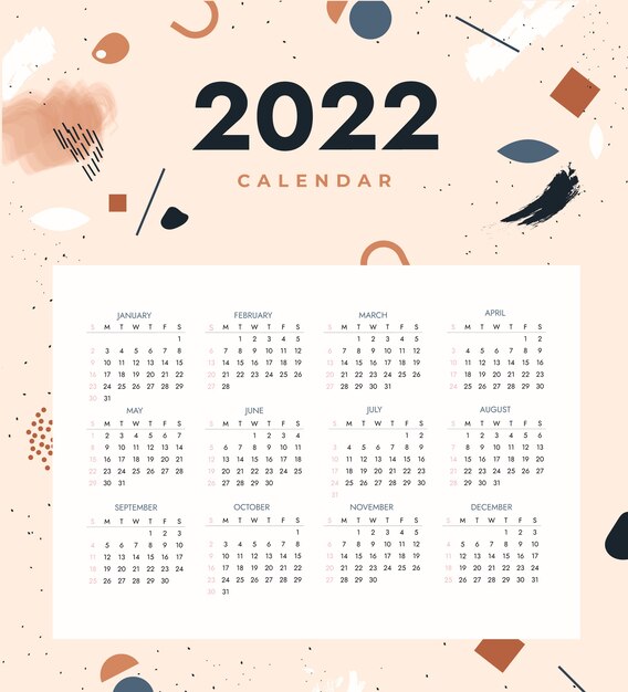 Ręcznie rysowane płaski szablon kalendarza 2022